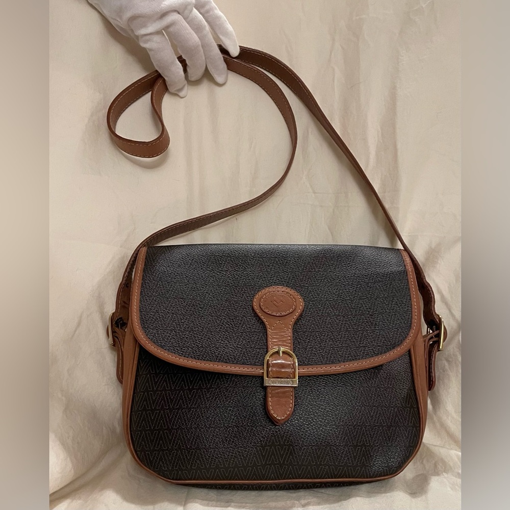 Mario Valentino Authentic Dark Brown Crossbody with Tan Leather Trim